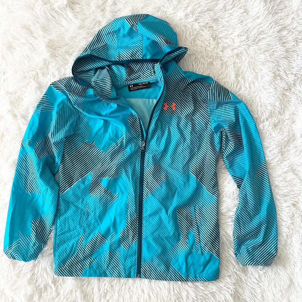 UNDER ARMOUR Boys Garcon Packable Black Teal Hooded Windbreaker Jacket Size YXL